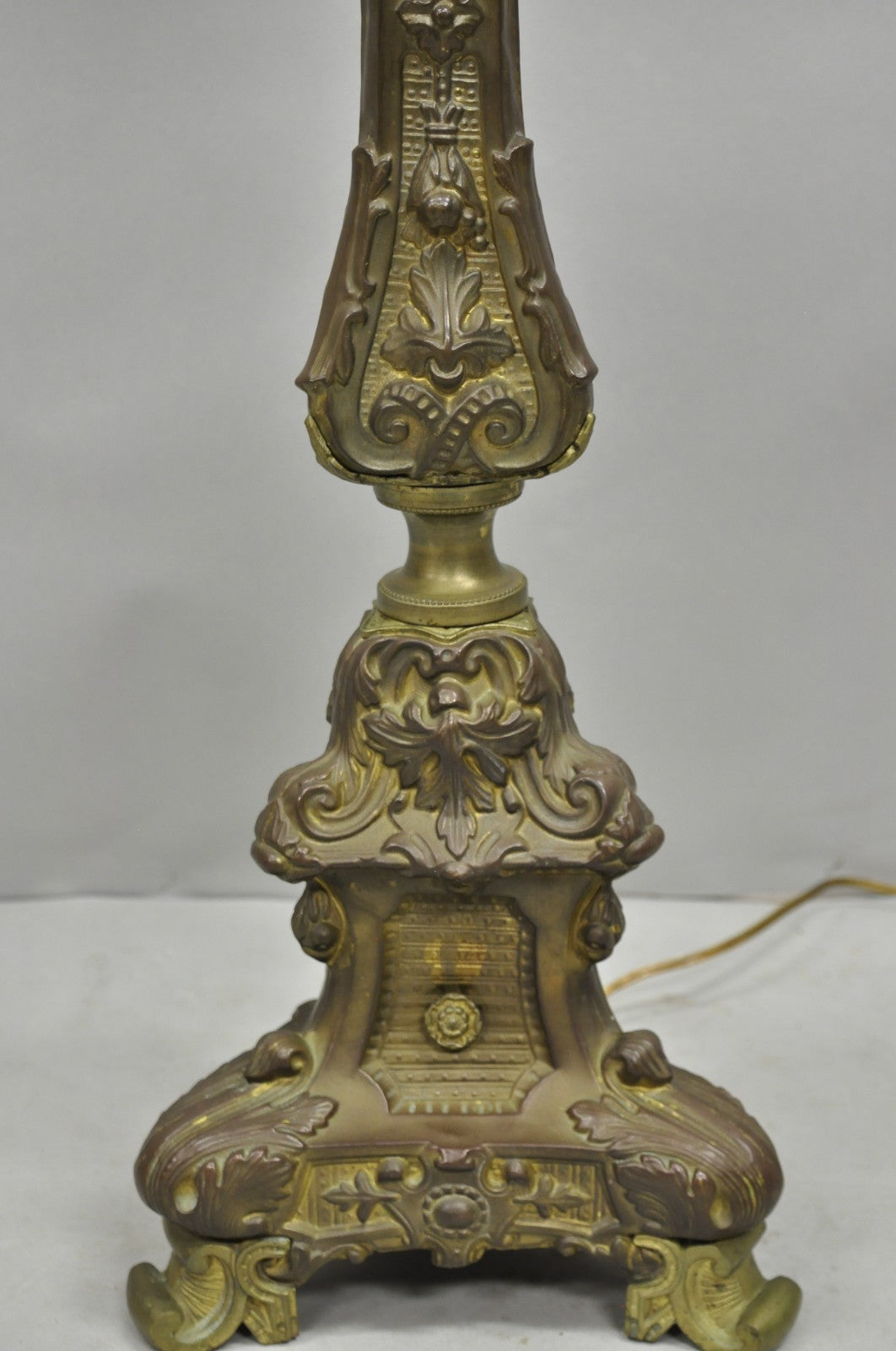 Antique French Renaissance Figural Brass Repousse Tall Candlestick Table Lamp