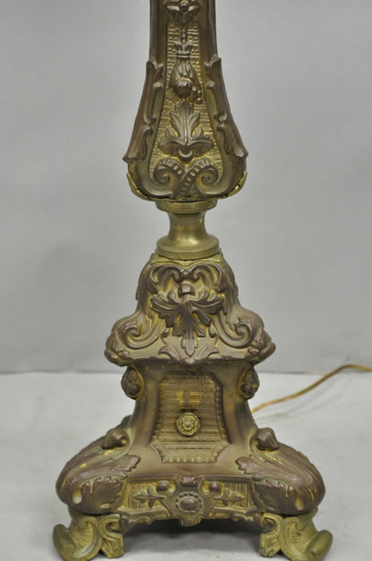 Antique French Renaissance Figural Brass Repousse Tall Candlestick Table Lamp