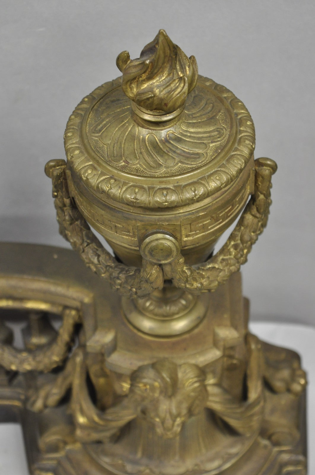 Antique French Empire Patinated Bronze Lion Flame Urn Chenet Andirons - a Pair