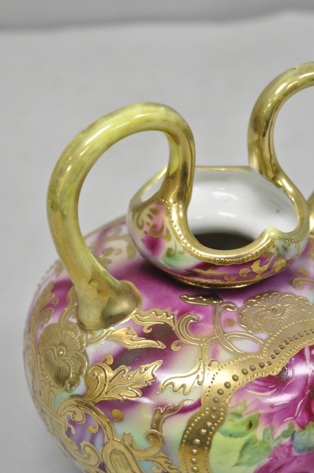 Antique Austrian Hand Painted Moriage Porcelain Double Swung Handle Bulbous Vase