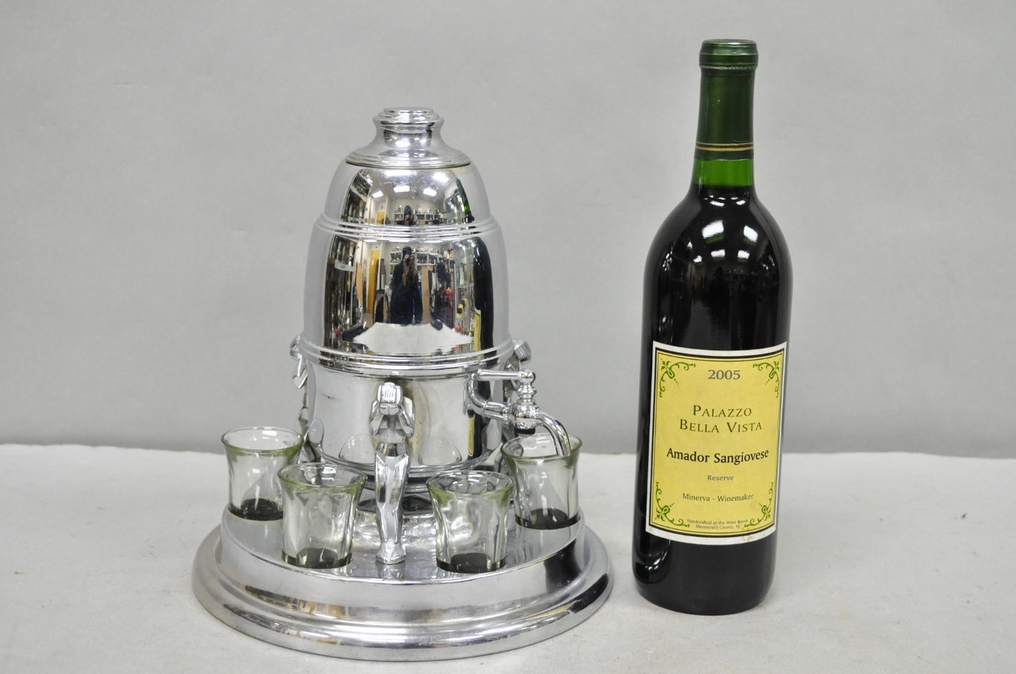 Vintage Art Deco Figural Chrome Metal Barware Samovar Decanter w/ Shot Glasses