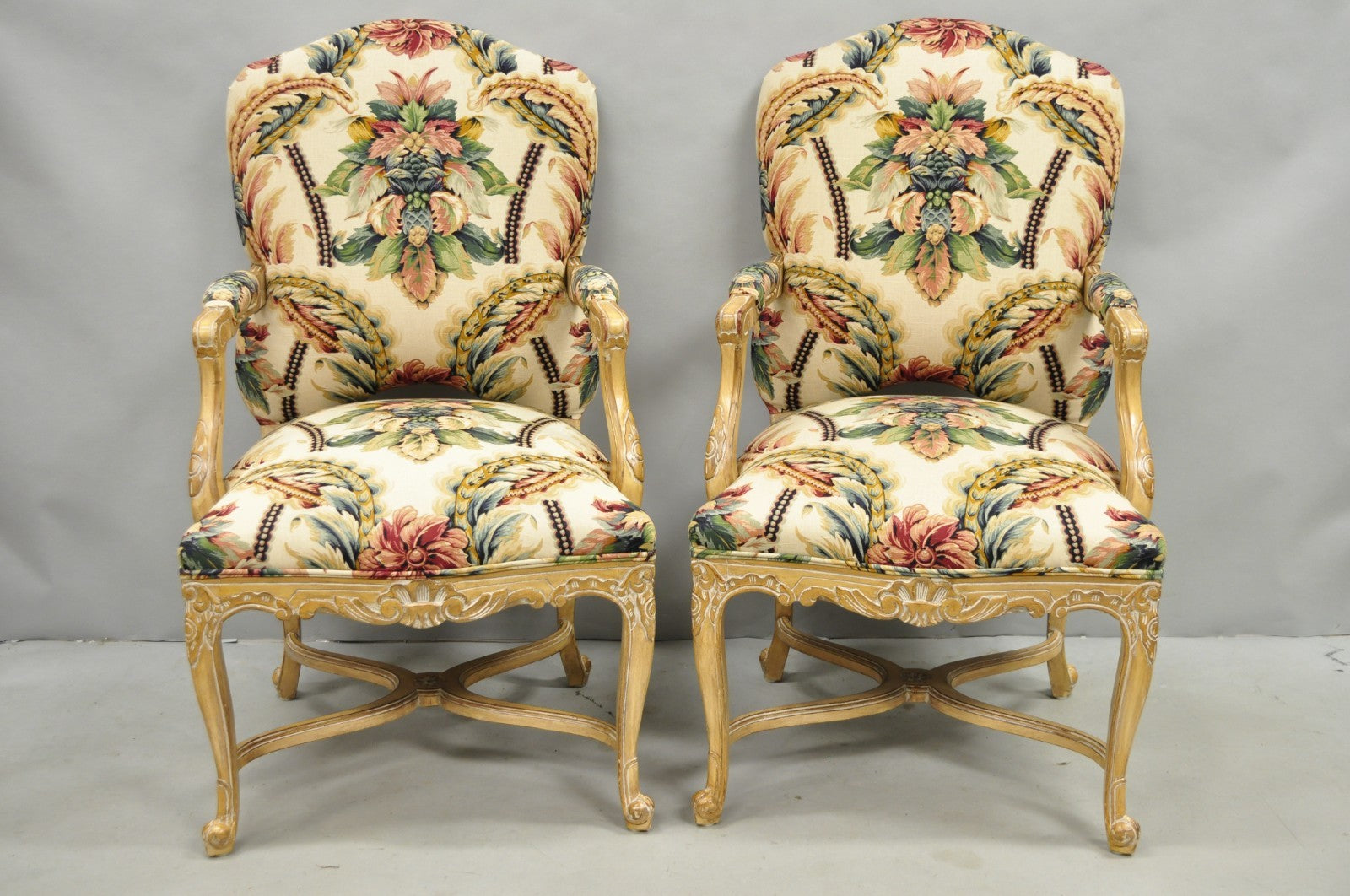 Vintage French Country Louis XV Style Carved Wood Lounge Arm Chairs - a Pair