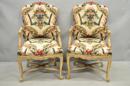 Vintage French Country Louis XV Style Carved Wood Lounge Arm Chairs - a Pair