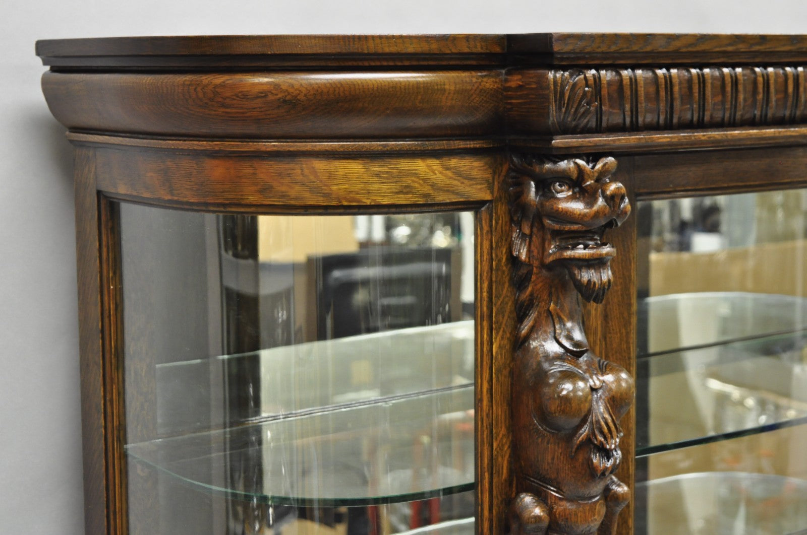 Antique American Empire Tiger Oak Curved Glass China Cabinet w/ Carved Griffins