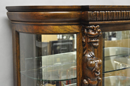 Antique American Empire Tiger Oak Curved Glass China Cabinet w/ Carved Griffins