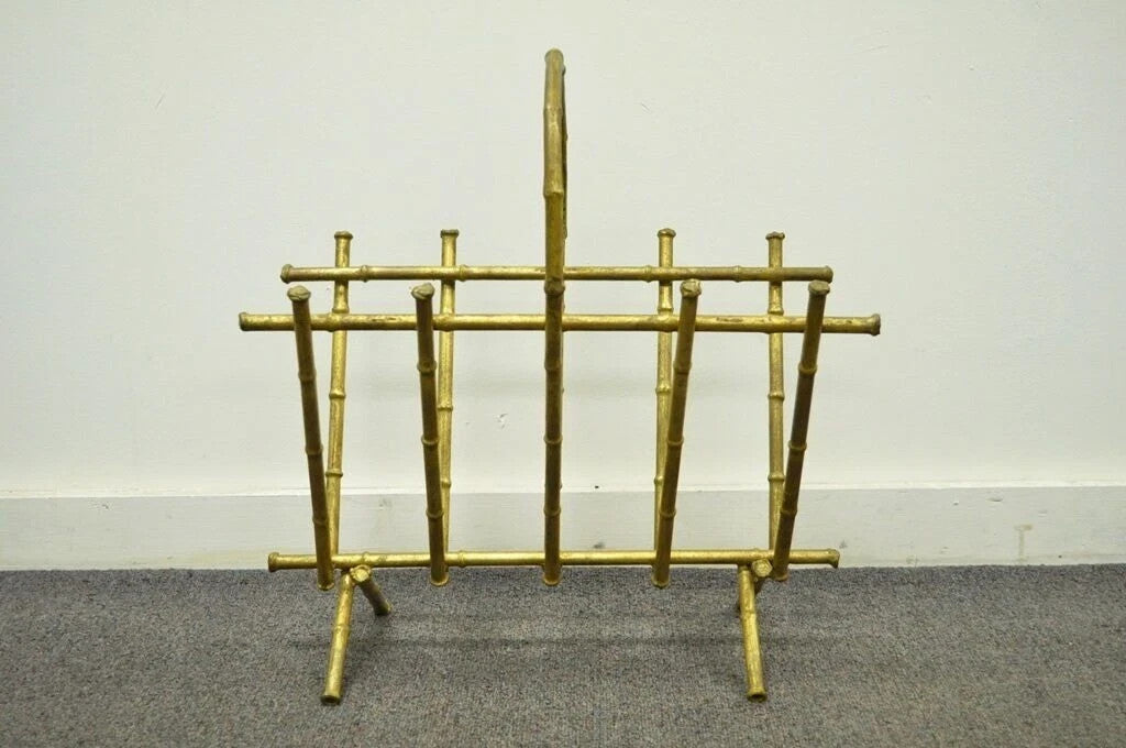 Vintage Italian Hollywood Regency Gold Gilt Metal Faux Bamboo Magazine Rack