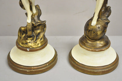 Antique French Victorian Figural Metal Man and Woman Moreau Table Lamps - a Pair