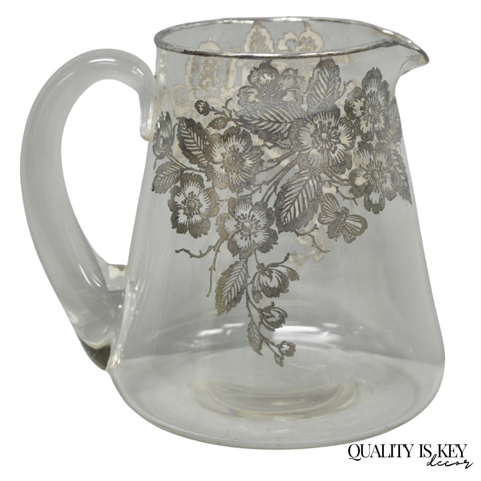 Vintage Art Nouveau Floral Sterling Silver Overlay Crystal Glass Water Pitcher
