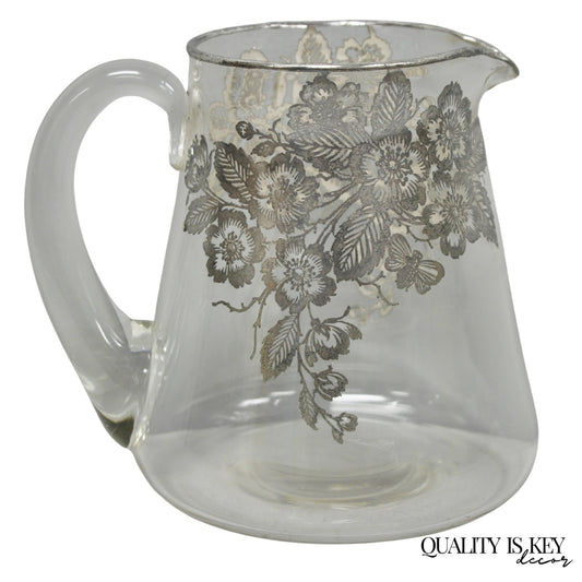 Vintage Art Nouveau Floral Sterling Silver Overlay Crystal Glass Water Pitcher