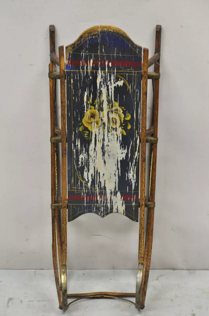 Antique Bentwood Blue Painted Small Child Snow Sled Wall Display Art
