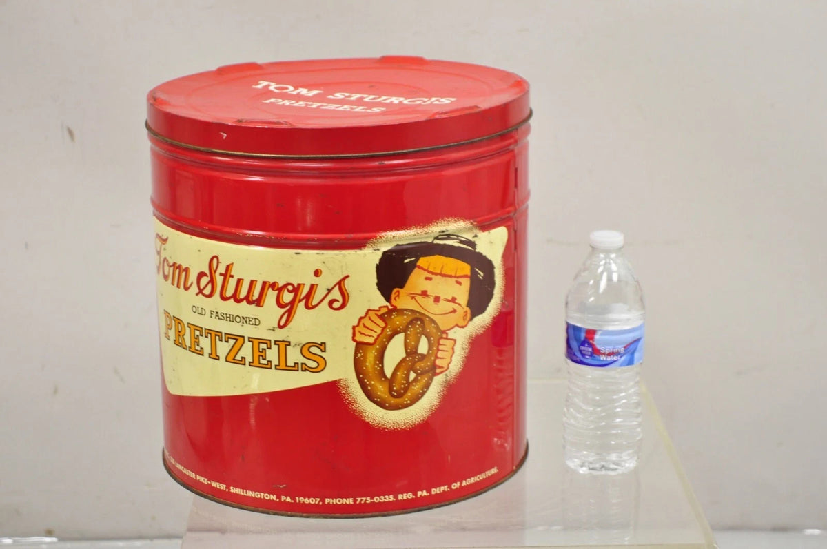 Vintage Tom Sturgis Pretzels Large Tin Metal Red Advertising Can
