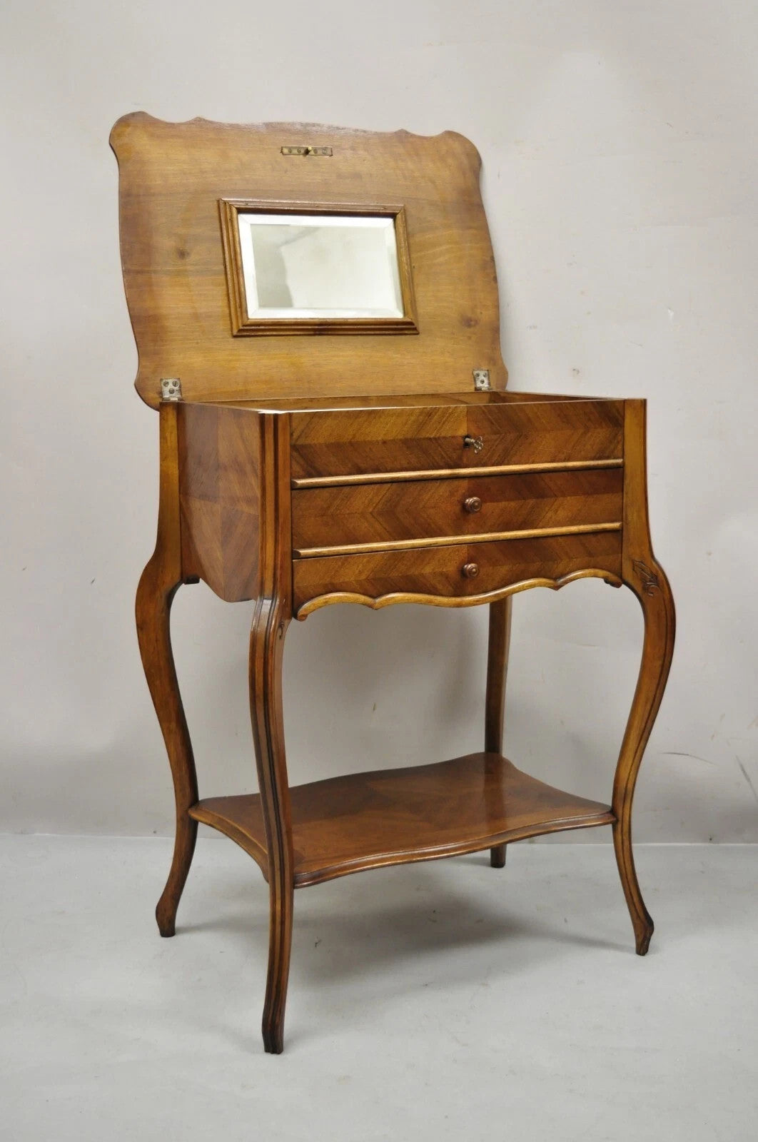Antique French Victorian Mahogany Sewing Stand Nightstand Side Table w/ Flip Top