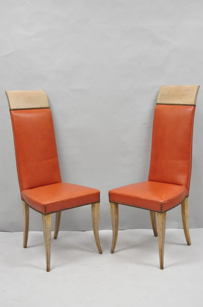 Vintage French Art Deco Gio Ponti Style High Back Pickled Wash Side Chair - Pair