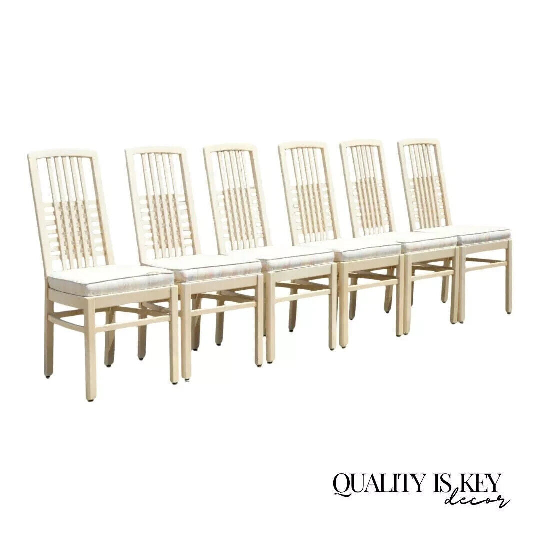 Vintage Postmodern Cream Lacquered Cross Slat Back Dining Side Chairs - Set of 6