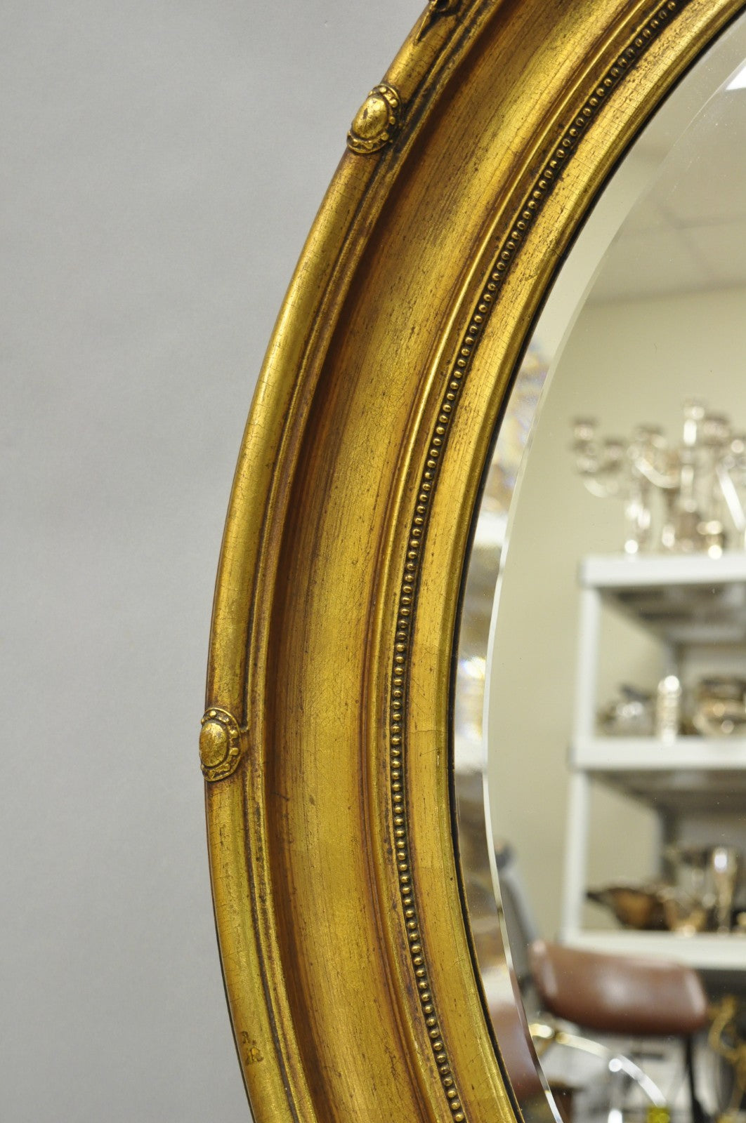 Antique French Victorian Gold Gilt Scroll Oval Beveled Glass Wall Mirror