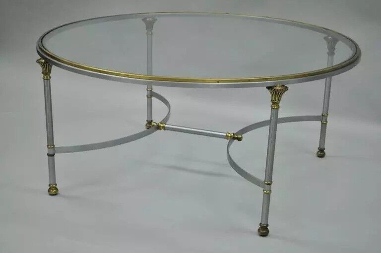 Vintage Maison Jansen Style Italian Regency Steel & Glass Round Coffee Table