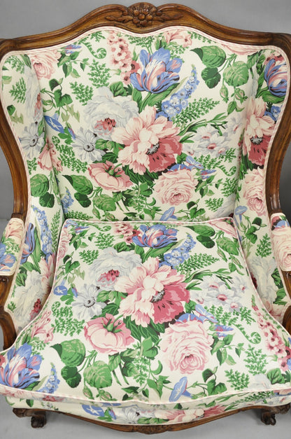 Antique French Country Louis XV Style Carved Walnut Bergere Wingback Chairs Pair