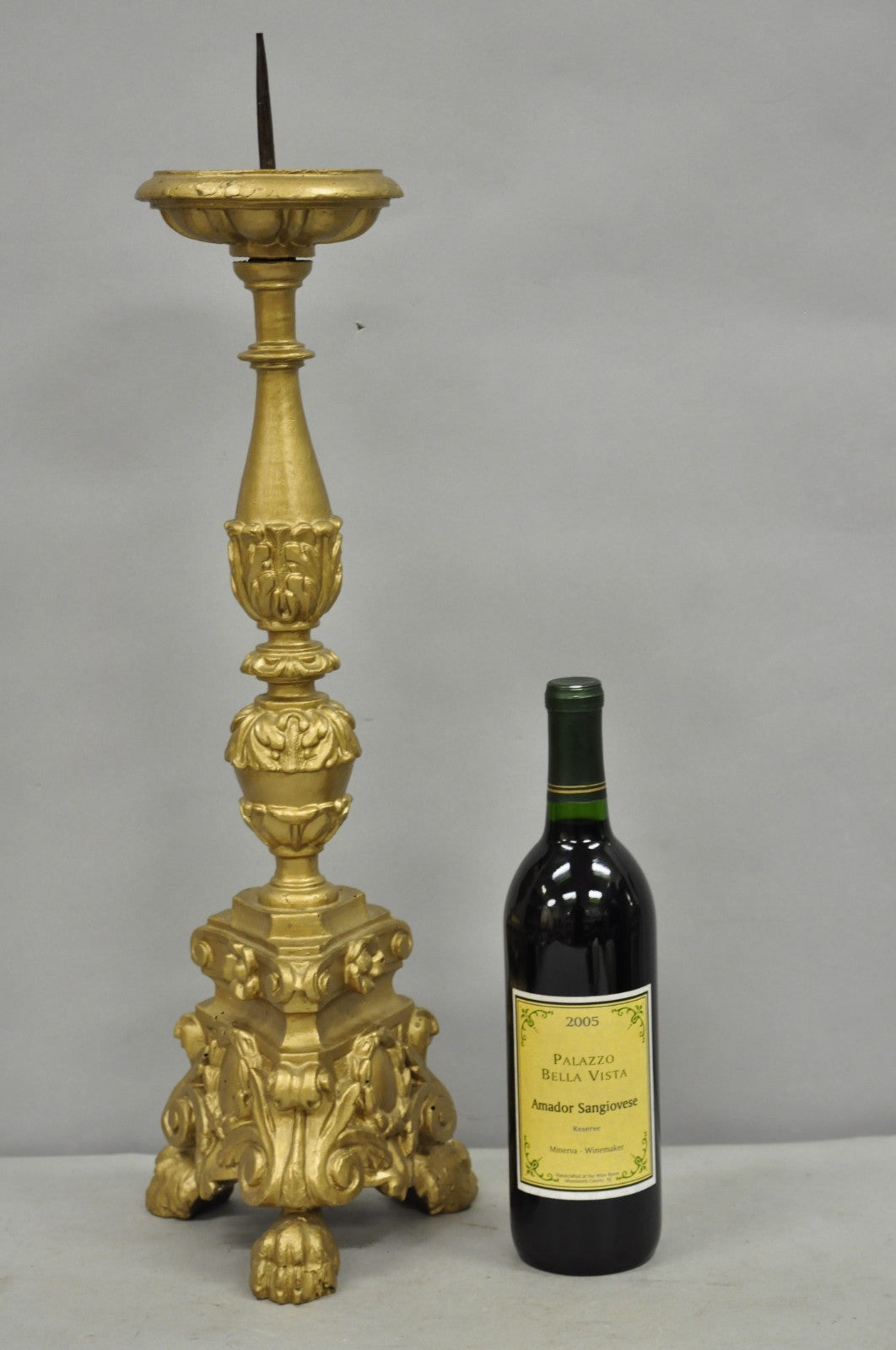 Antique 19th C Italian Neoclassical Carved Gold Giltwood Pricket Candlestick