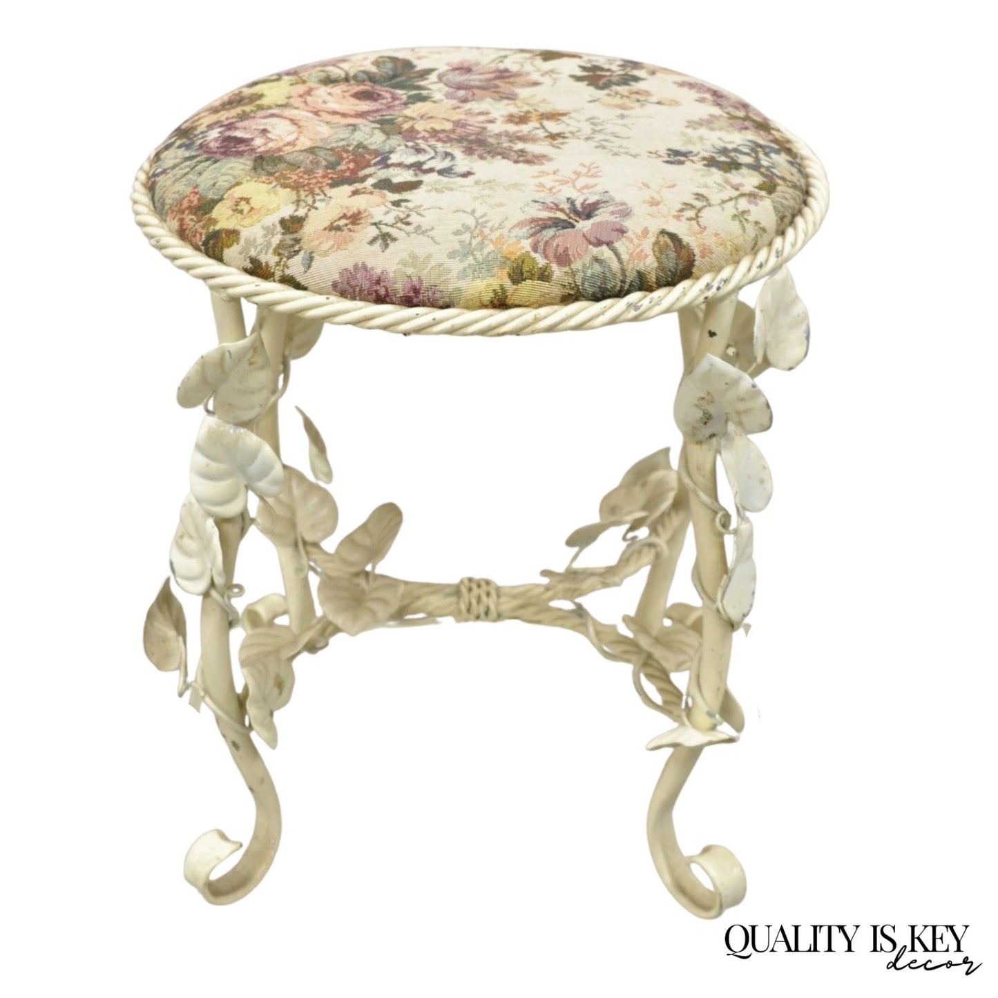 Vintage Italian Hollywood Regency White Metal Rope Floral Vanity Bench Stool