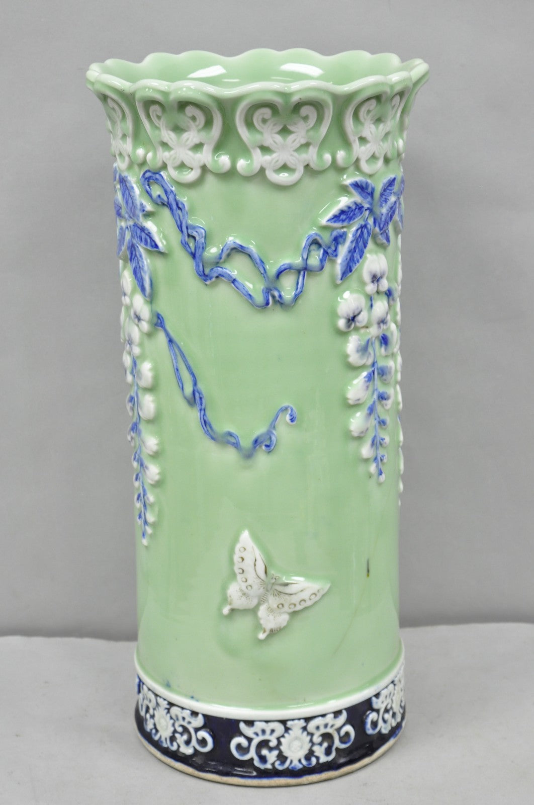 Japanese Porcelain Glazed Celadon Wisteria Flower & Butterfly Umbrella Stand