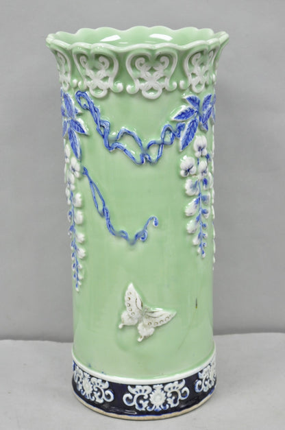 Japanese Porcelain Glazed Celadon Wisteria Flower & Butterfly Umbrella Stand