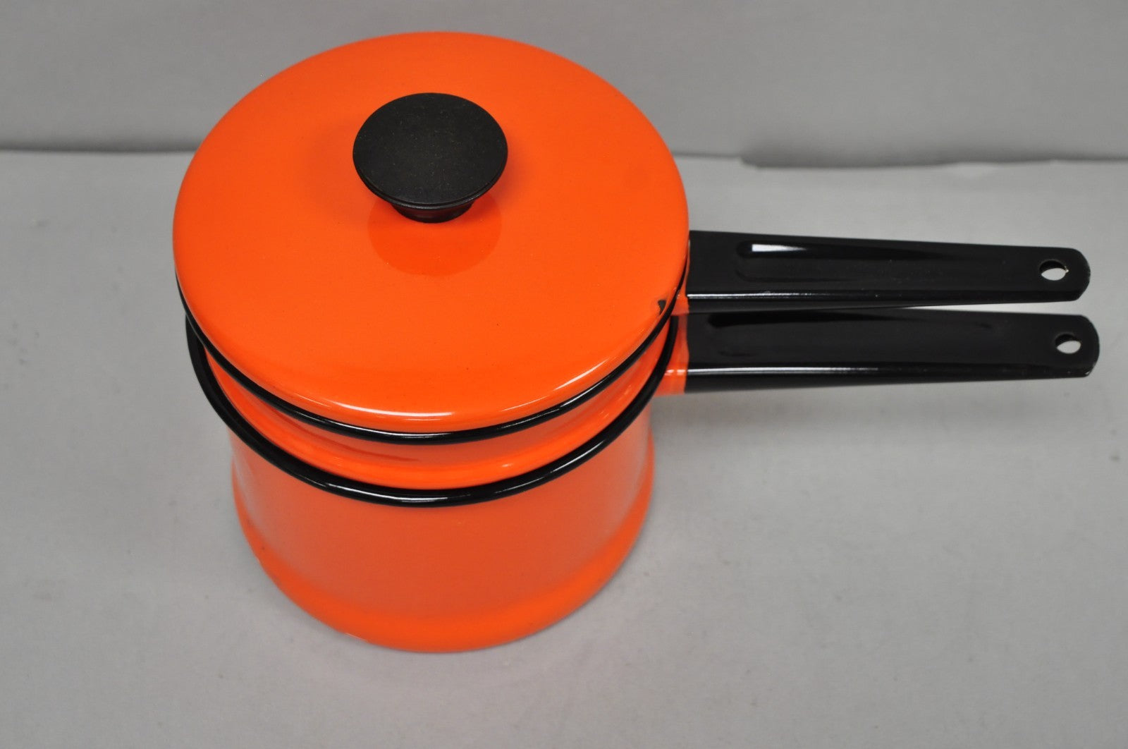 Vintage Enamel Orange & Black Metal Double Boiler Nesting Pot w/ Lid
