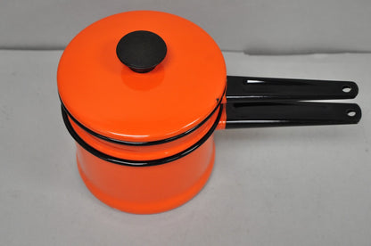 Vintage Enamel Orange & Black Metal Double Boiler Nesting Pot w/ Lid