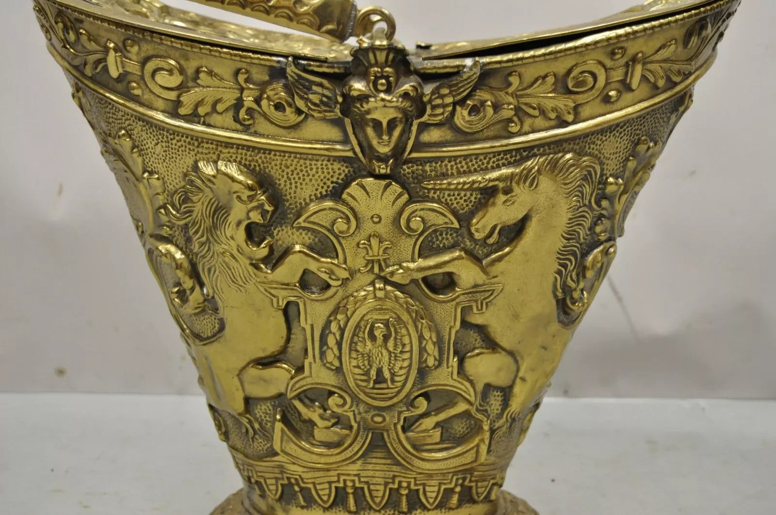 Antique English Renaissance Unicorn & Lion Brass Figural Coal Bucket Log Bin