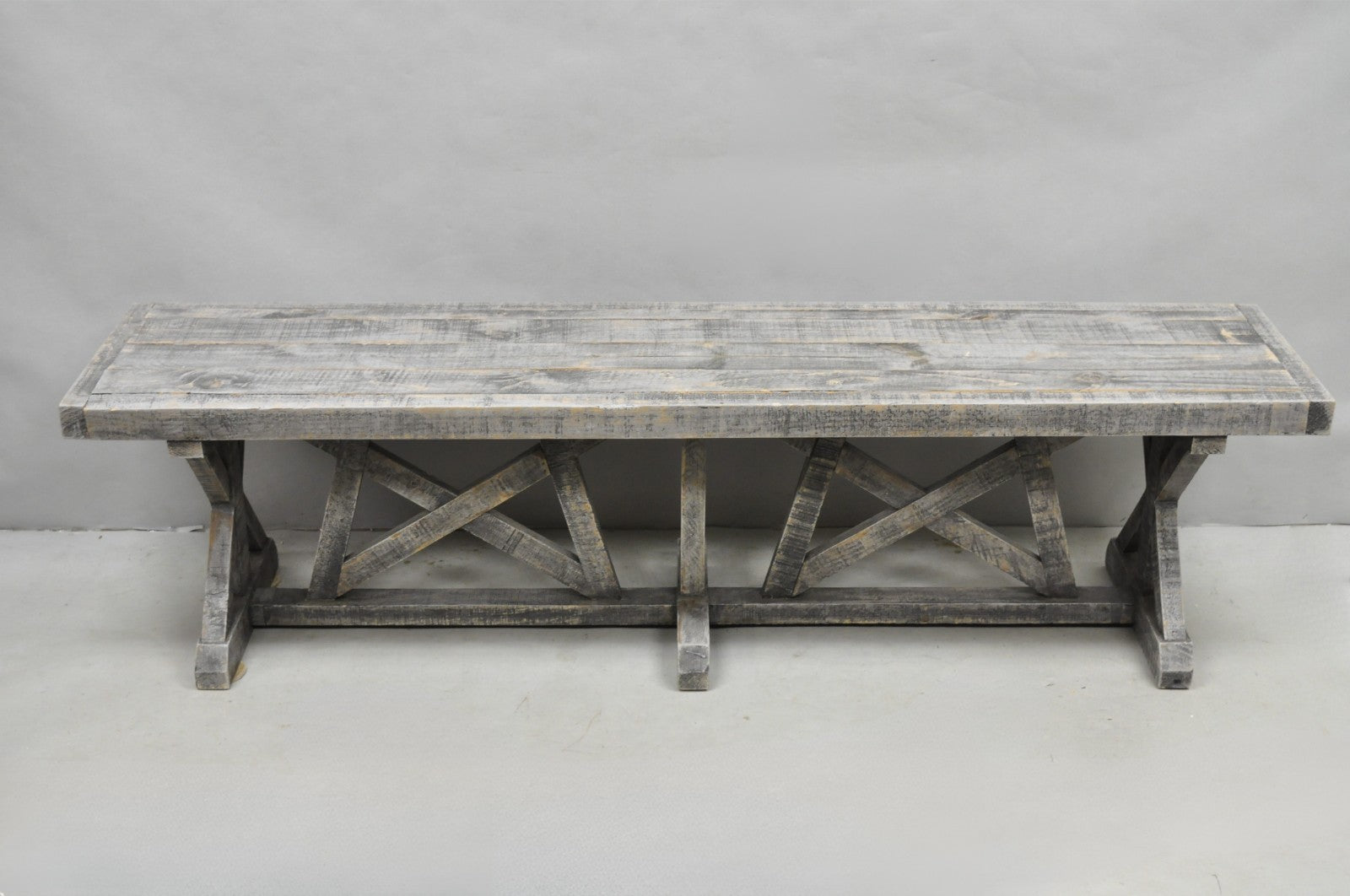 Primitive Rustic 72" Long Wooden Distressed Gray Wash Criss Cross Trestle Bench
