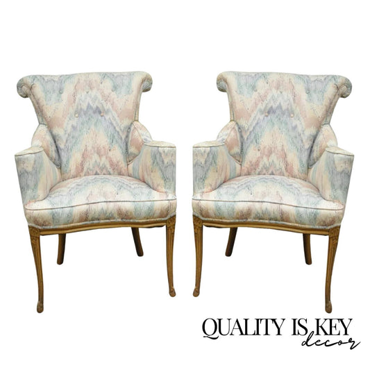 Vintage French Hollywood Regency Rolled Back Fireside Parlor Arm Chairs - a Pair