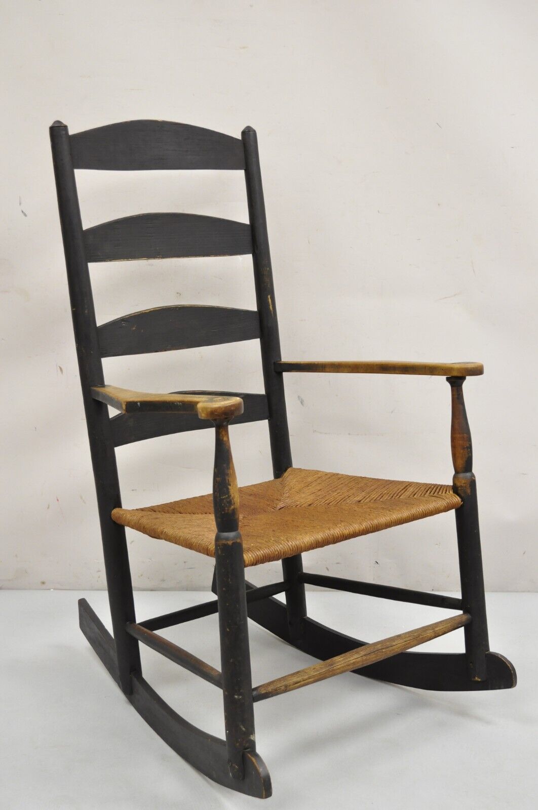 Antique American Primitive Shaker Ebonized Wood Rush Seat Rocker Rocking Chair
