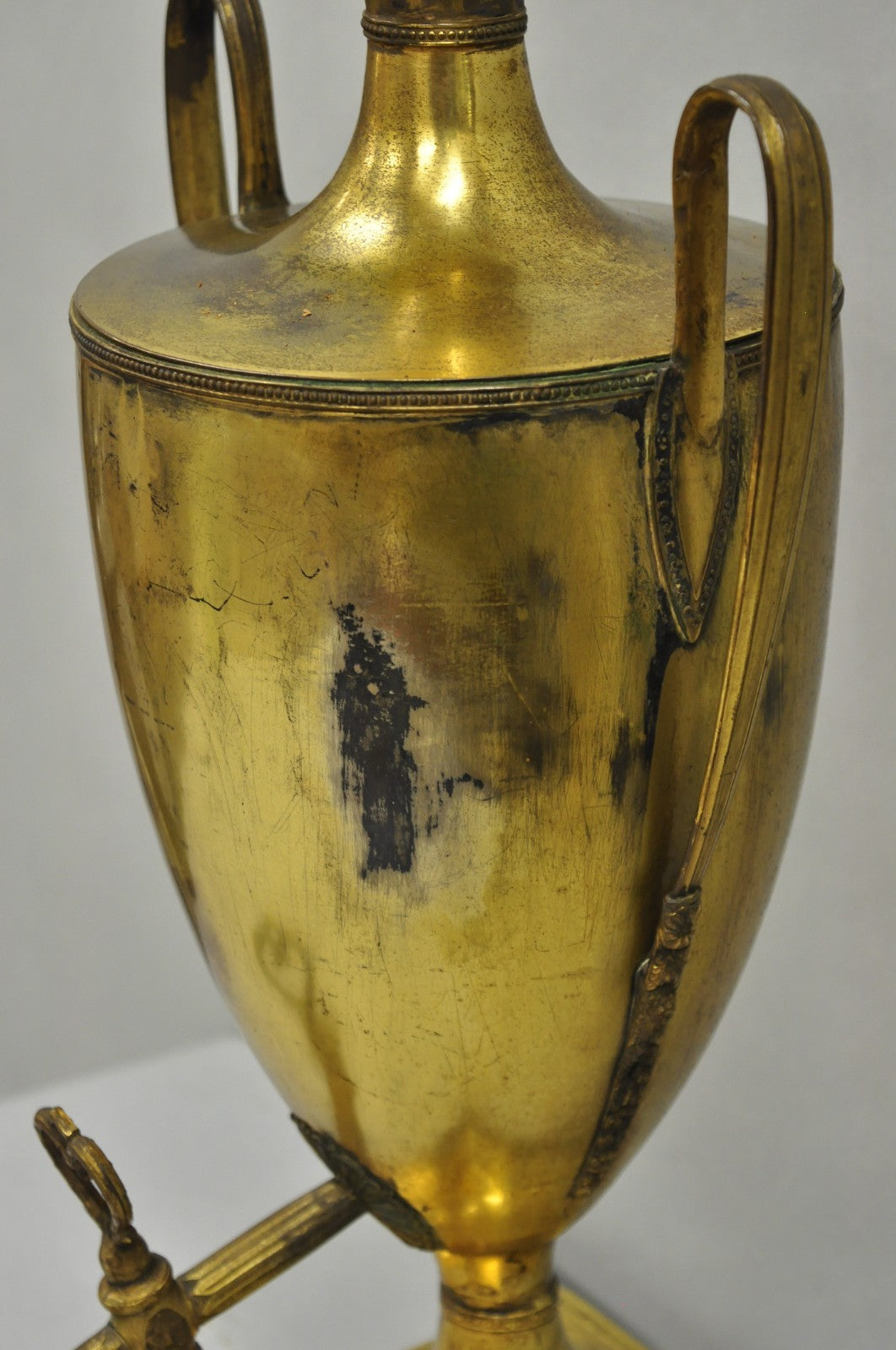 Antique French Empire Neoclassical Patinated Brass Large Samovar Urn Table Lamp