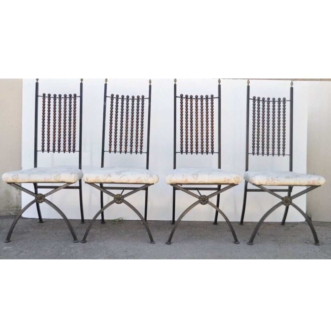 Hollywood Regency Wood Ball Abacus Wrought Iron Curule Dining Chairs - Set of 4