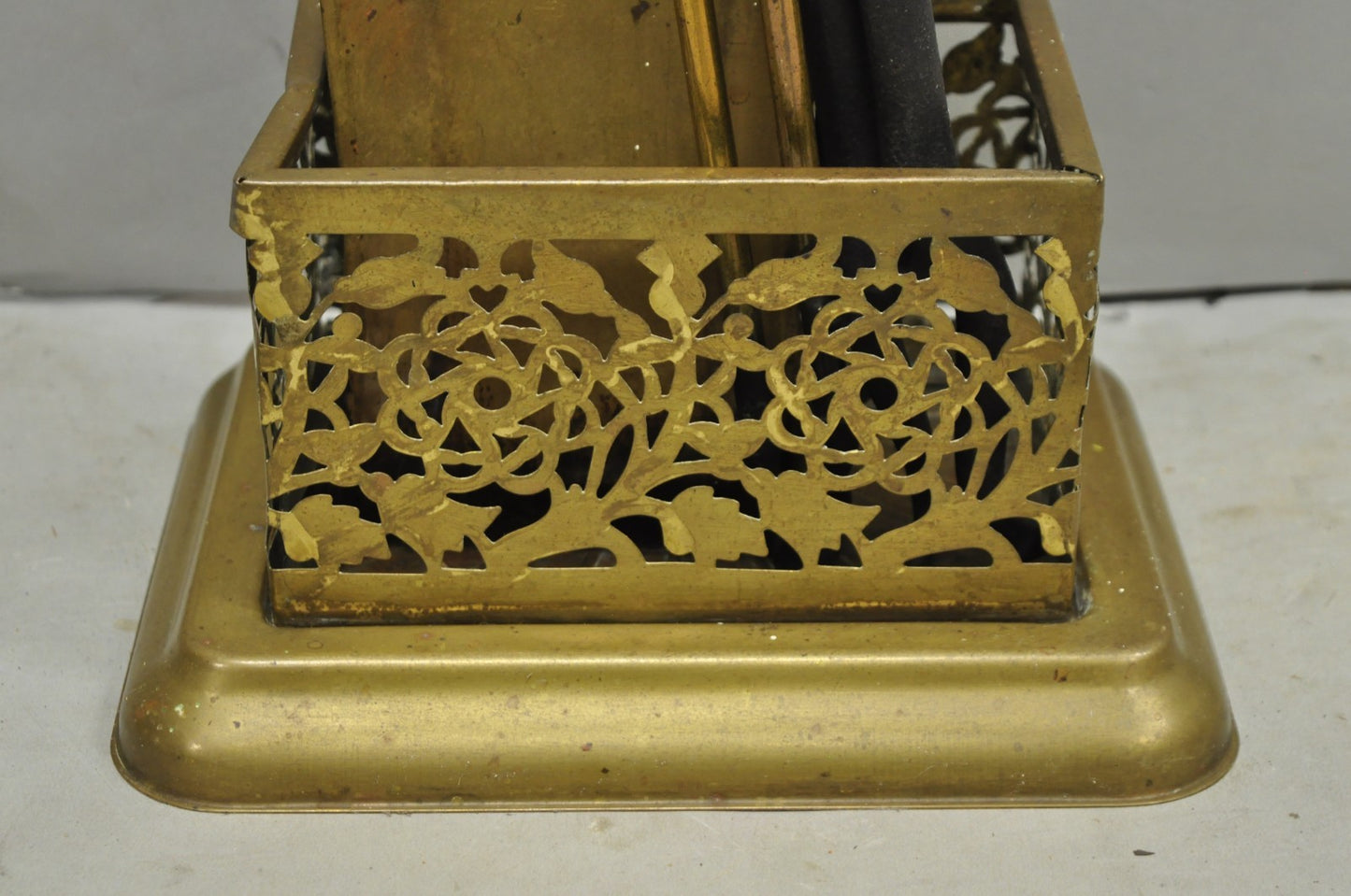 Antique English Federal Brass Urn Finial Fireplace Tool Set with Stand