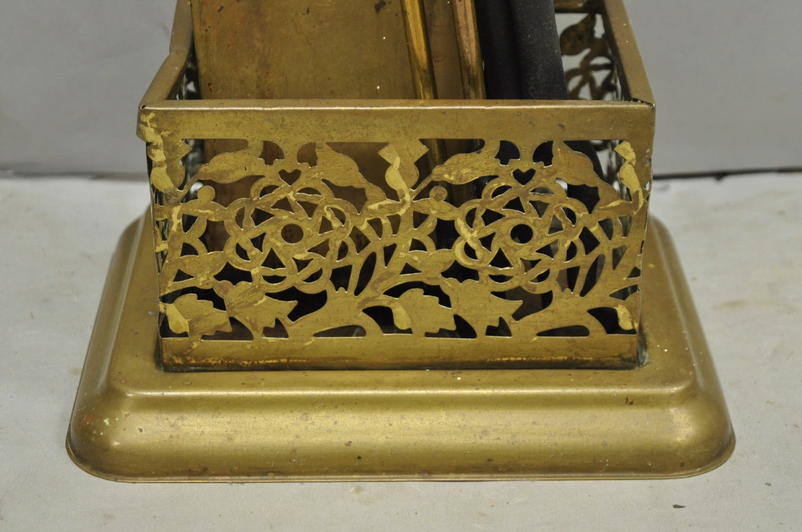 Antique English Federal Brass Urn Finial Fireplace Tool Set with Stand