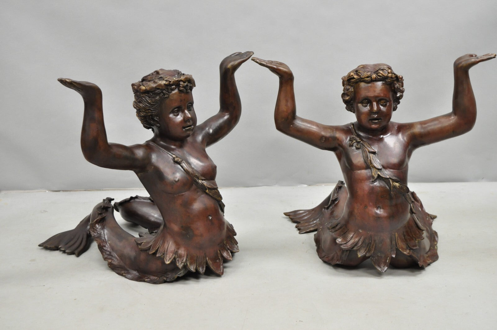 Vintage French Neoclassical Figural Bronze Merman Mermaid Glass Top Coffee Table