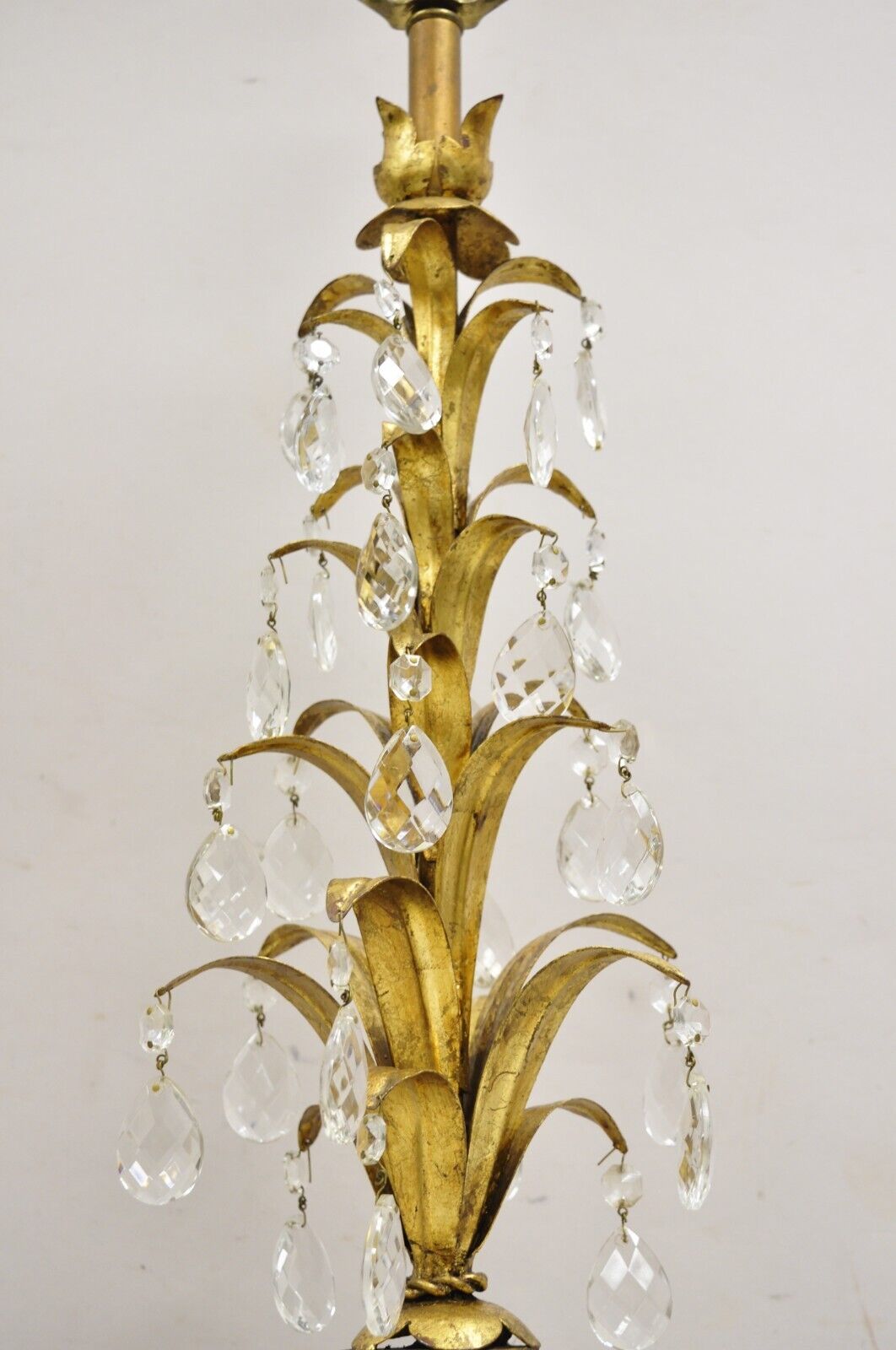 Vintage Italian Hollywood Regency Gold Gilt Iron Leafy Table Lamp w/ Crystals