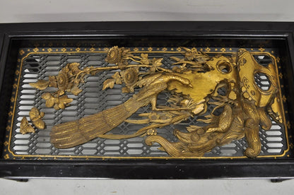 Vintage Chinese Relief Carved Ho ho Bird Glass Top Display Oriental Coffee Table
