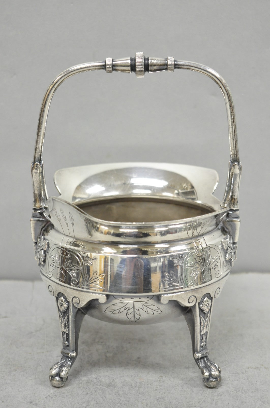 Antique John Carrow English Regency Silver Plated Paw Foot Etched Sugar Bowl