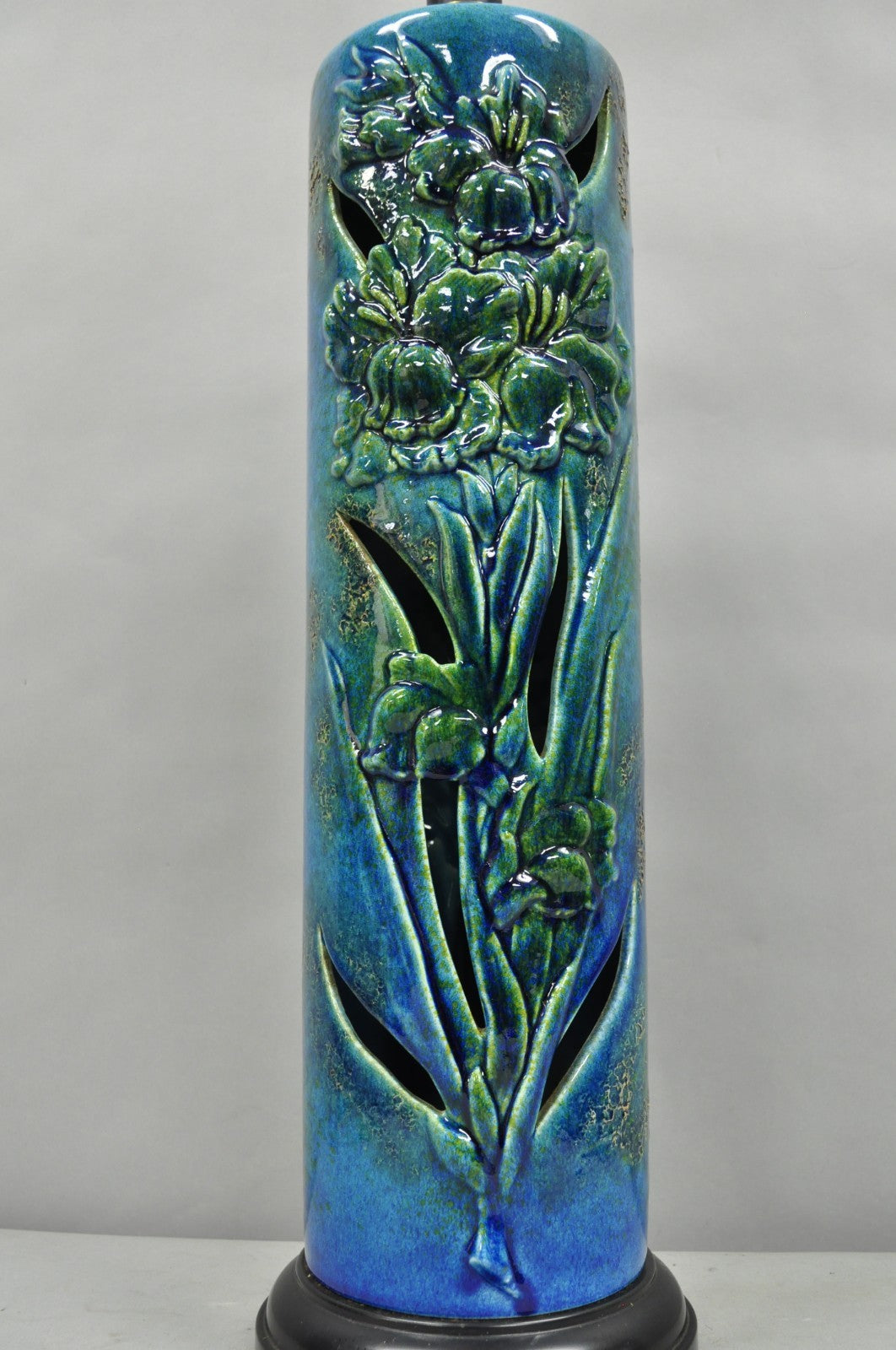 Vintage MCM Tall Royal Haeger Attr Blue Glazed Ceramic Pottery Floral Table Lamp