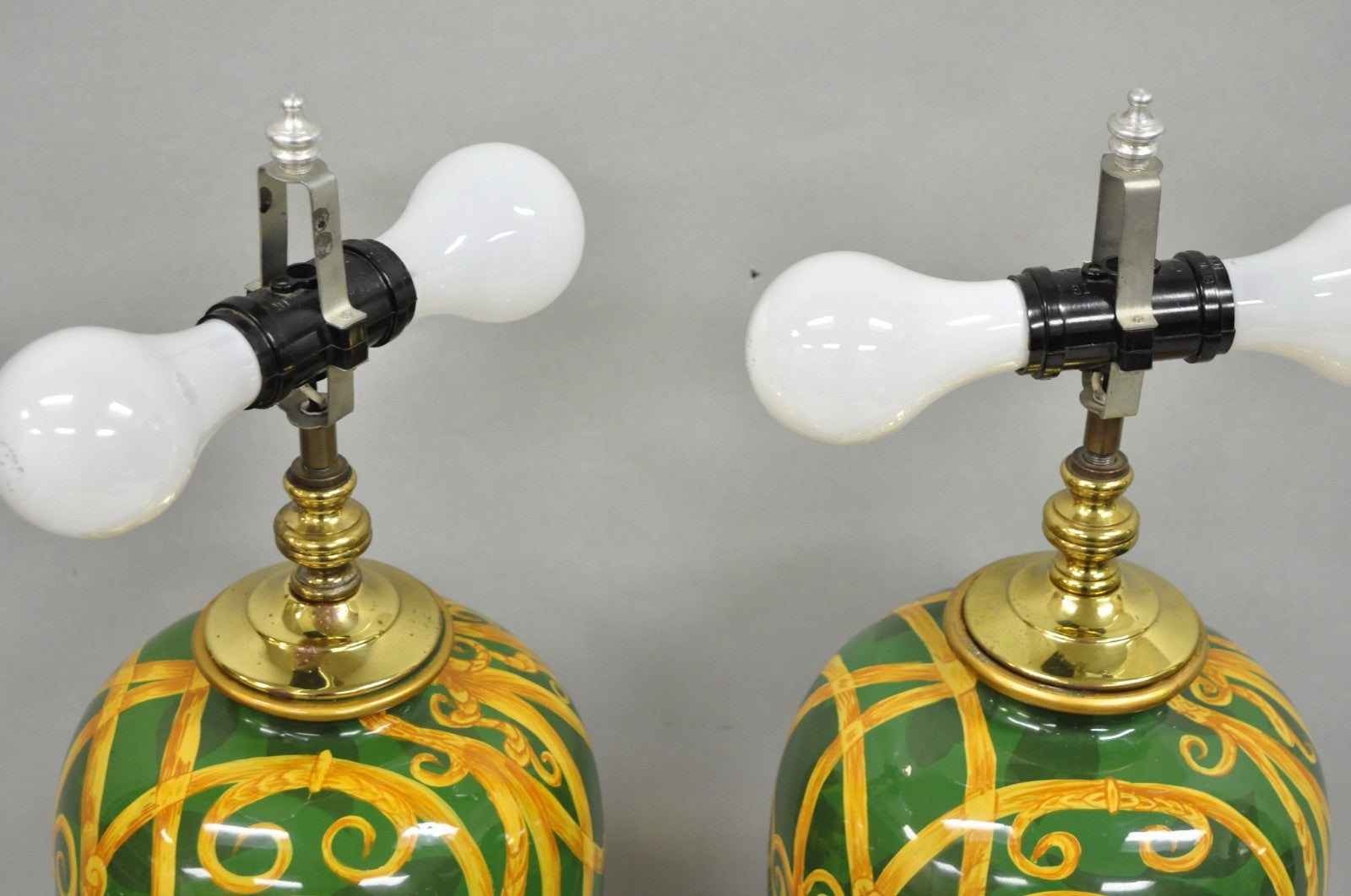 Hollywood Regency Green & Gold Scroll Painted Ceramic Table Lamps - a Pair