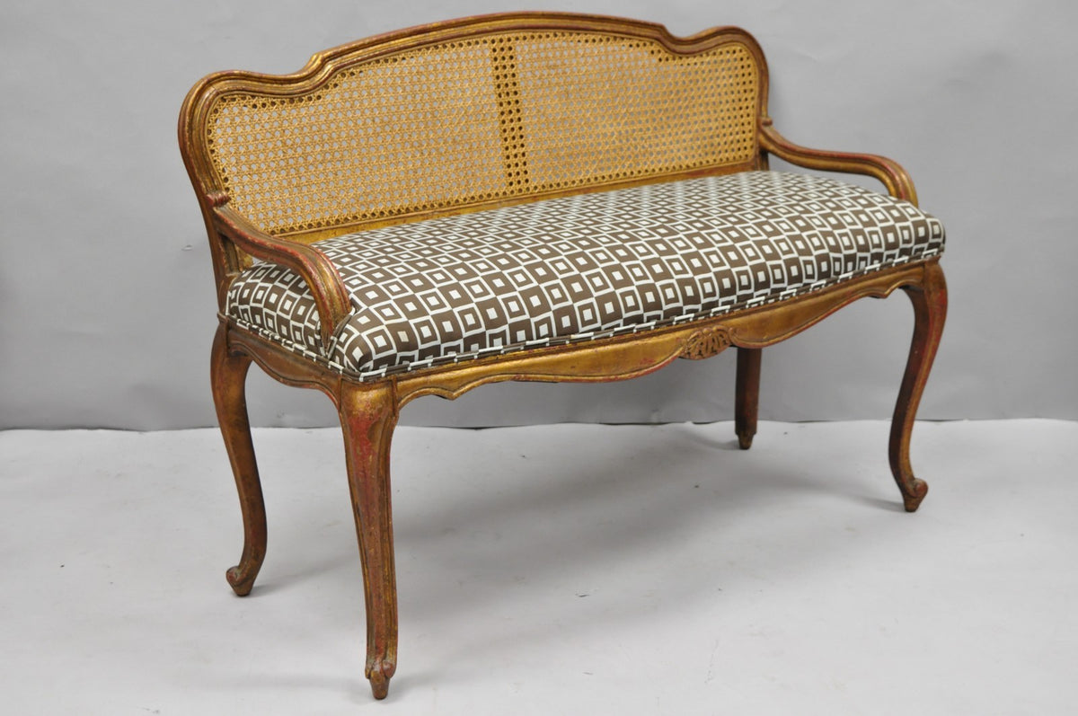 Vintage French Louis XV Style Distressed Gold Gilt Cane Back Vanity Bench Seat