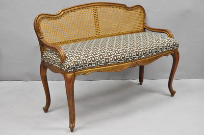 Vintage French Louis XV Style Distressed Gold Gilt Cane Back Vanity Bench Seat