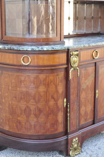 Antique French Louis XV Style Marble Top Bowed Glass Bronze Ormolu Sideboard