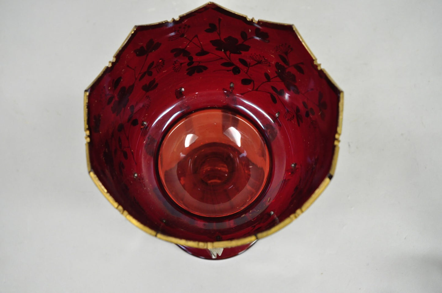 Antique Victorian Cranberry Glass Hand Painted Mantel Lustre Vase with Crystals
