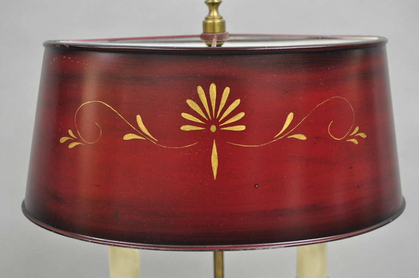 Vintage French Empire Red Painted Tole Metal Bouillotte Desk Table Lamp w/ Shade