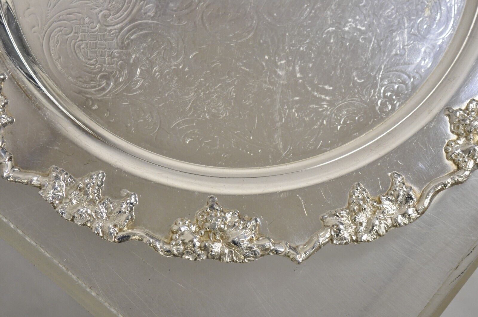 Antique English Victorian Silver Plated Grapevine Round Serving Platter Tray
