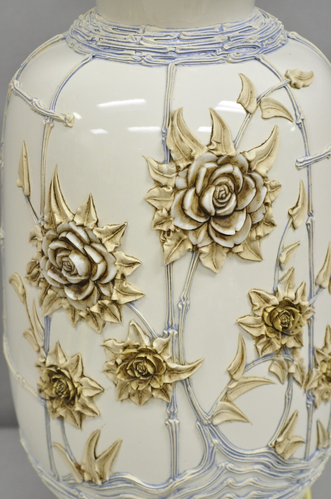 Vintage Chinoiserie White Porcelain Jardinere Table Lamp w/ Applied Flowers