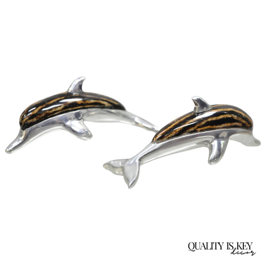 Atlantis Paradise Island Metal & Faux Tortoiseshell 8" Dolphin Sculpture - Pair