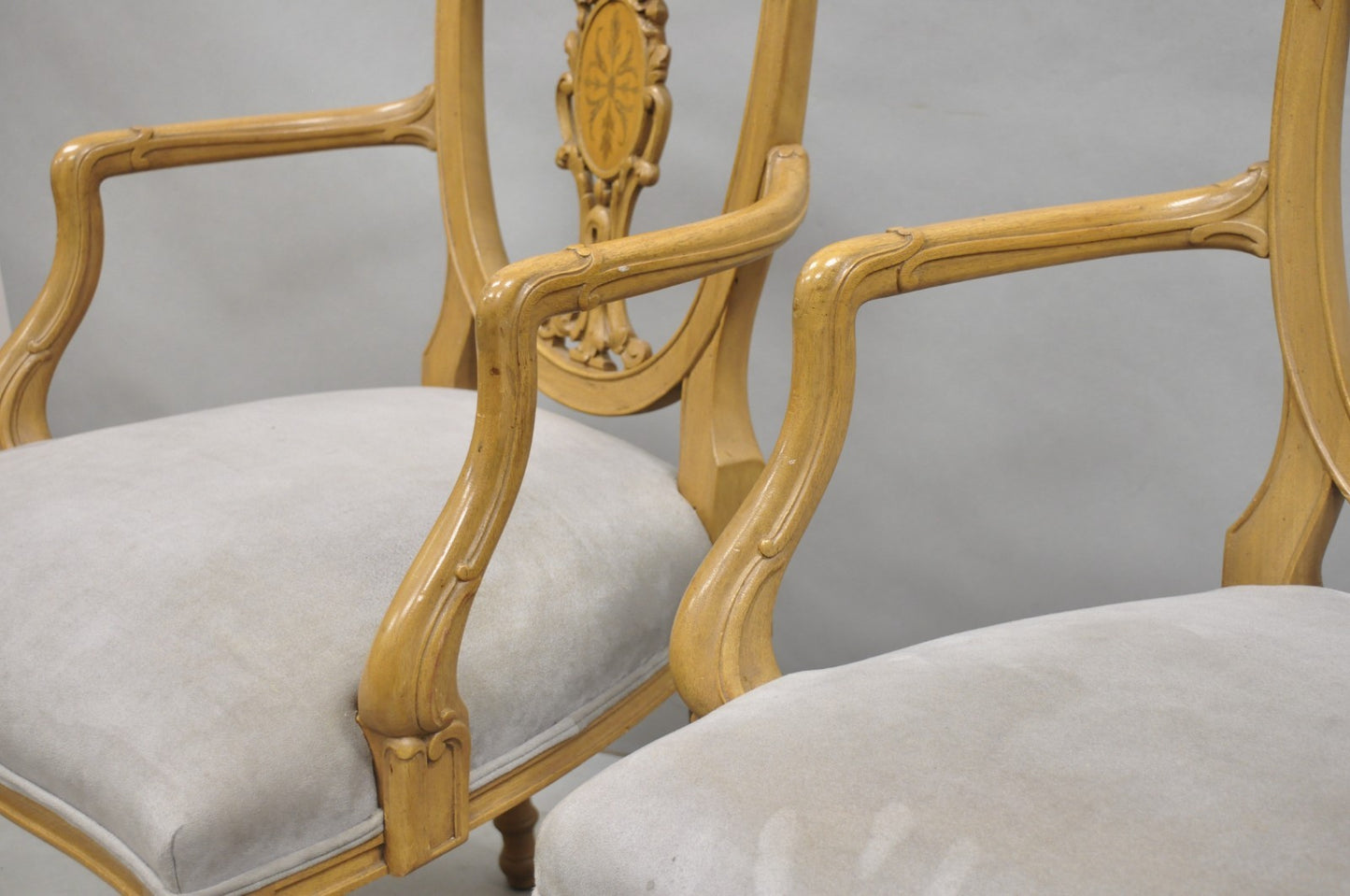 Hepplewhite Prince of Wales Drape Carved Shield Back Dining Arm Chairs - a Pair